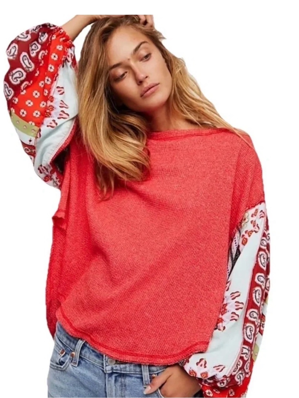 We The Free Coral Red Knit Sweater with Patterned Balloon Sleeves